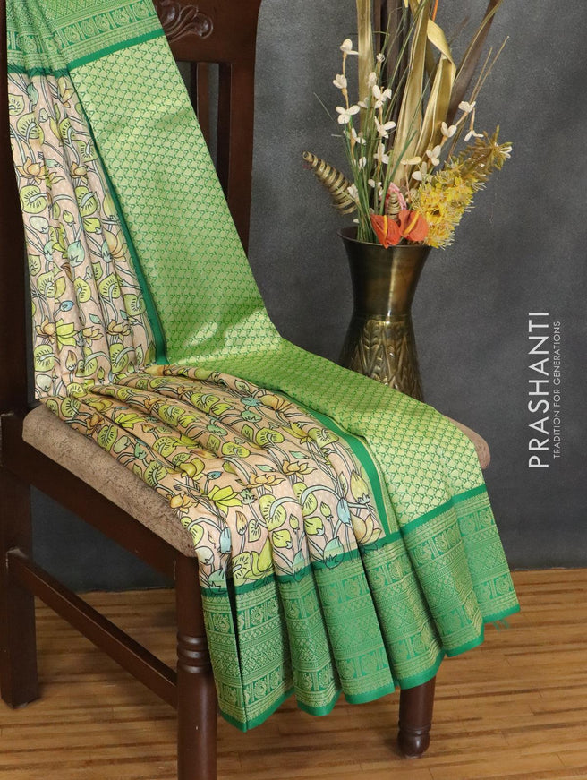 Malai silk saree sandal and green with allover self emboss floral prints and zari woven border - {{ collection.title }} by Prashanti Sarees