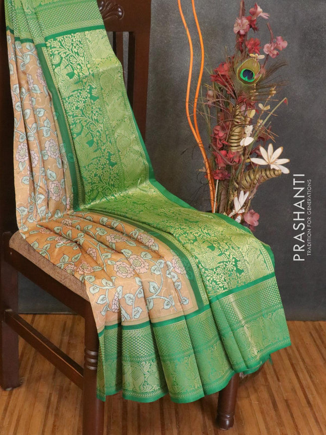 Malai silk saree sandal and green with allover self emboss floral prints and zari woven border - {{ collection.title }} by Prashanti Sarees