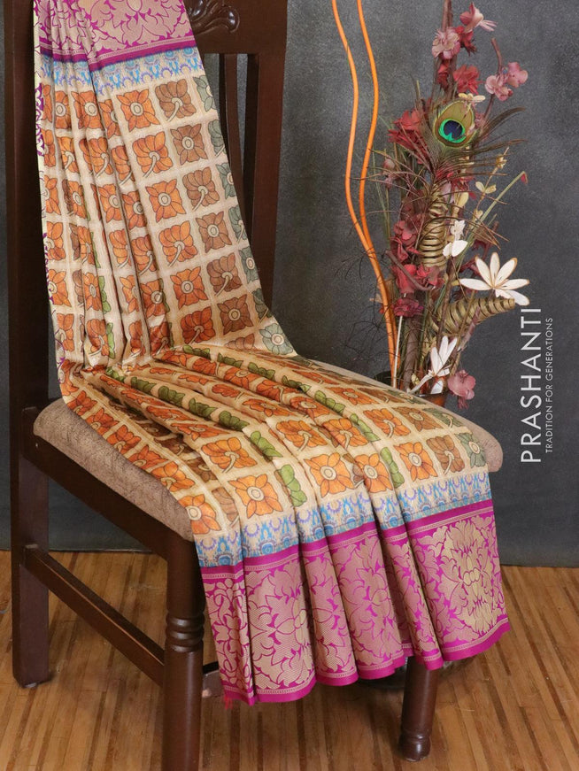Malai silk saree sandal and purple with allover self emboss floral prints and floral zari woven border - {{ collection.title }} by Prashanti Sarees