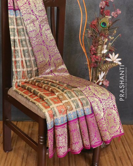 Malai silk saree sandal and purple with allover self emboss floral prints and floral zari woven border - {{ collection.title }} by Prashanti Sarees