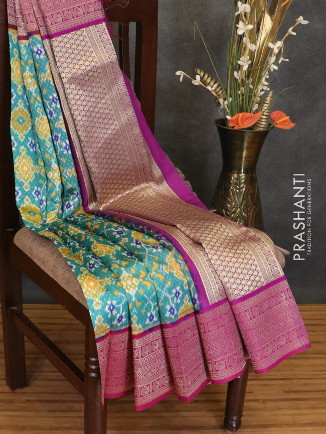Malai silk saree teal blue and magenta with allover self emboss & prints and zari woven border - {{ collection.title }} by Prashanti Sarees