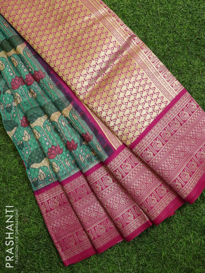Malai silk saree teal blue and pink with allover self emboss & floral prints and zari woven border - {{ collection.title }} by Prashanti Sarees