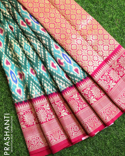 Malai silk saree teal blue and pink with allover self emboss ikat prints and floral zari woven border - {{ collection.title }} by Prashanti Sarees
