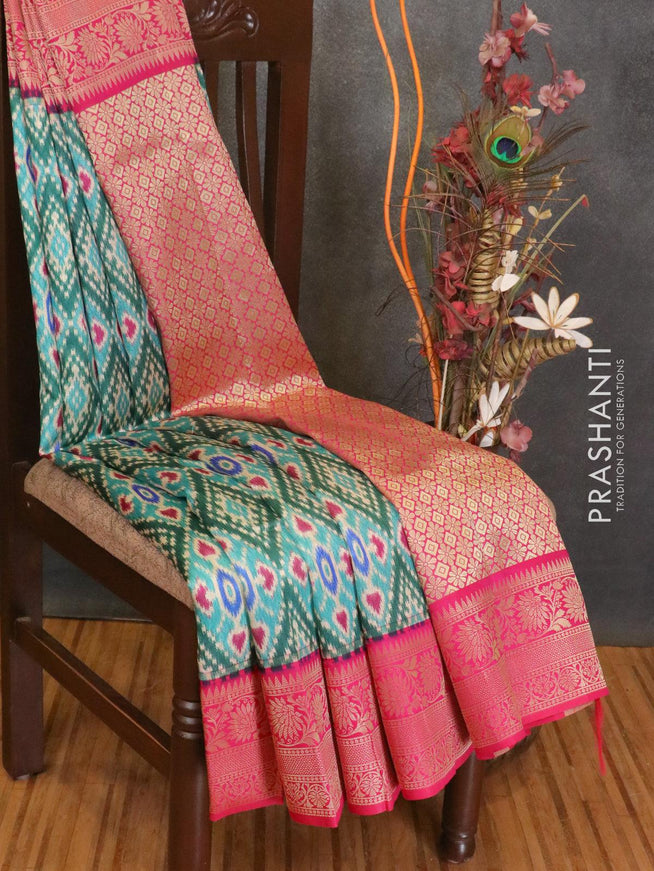 Malai silk saree teal blue and pink with allover self emboss ikat prints and floral zari woven border - {{ collection.title }} by Prashanti Sarees