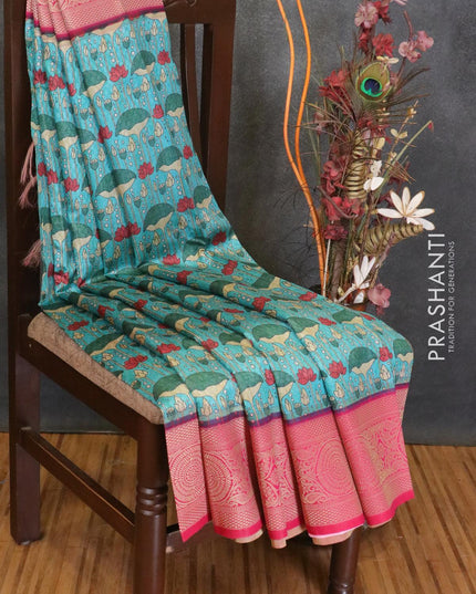 Malai silk saree teal blue and pink with allover self emboss prints and zari woven border - {{ collection.title }} by Prashanti Sarees