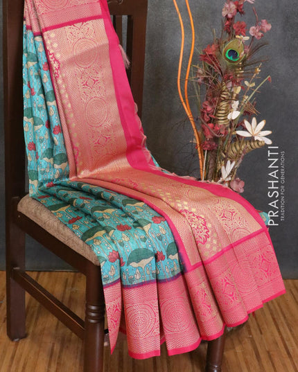 Malai silk saree teal blue and pink with allover self emboss prints and zari woven border - {{ collection.title }} by Prashanti Sarees