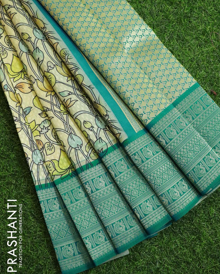 Malai silk saree yellow shade and blue shade with allover self emboss floral prints and zari woven border - {{ collection.title }} by Prashanti Sarees