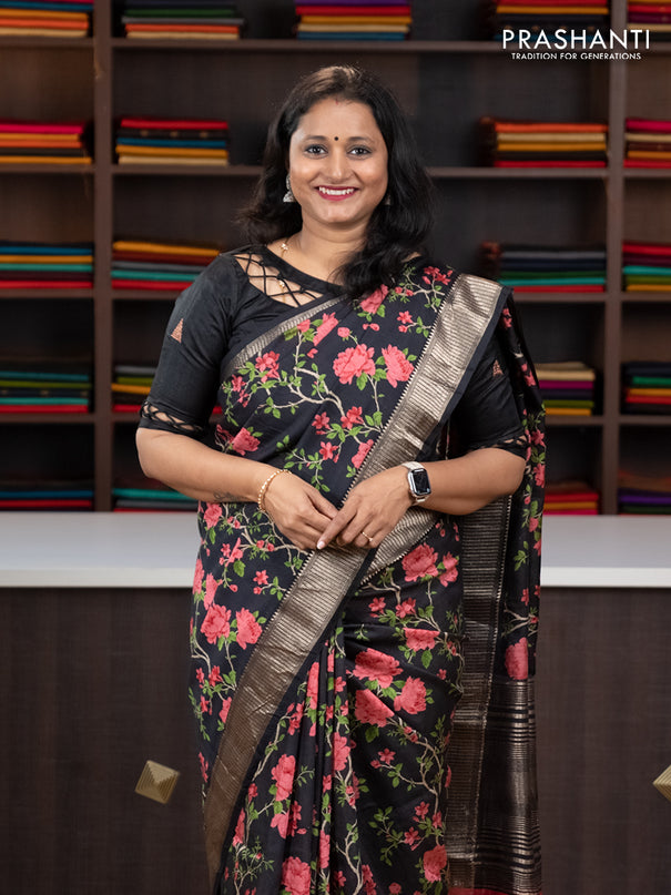 Semi gadwal saree black with allover floral prints and zari woven border