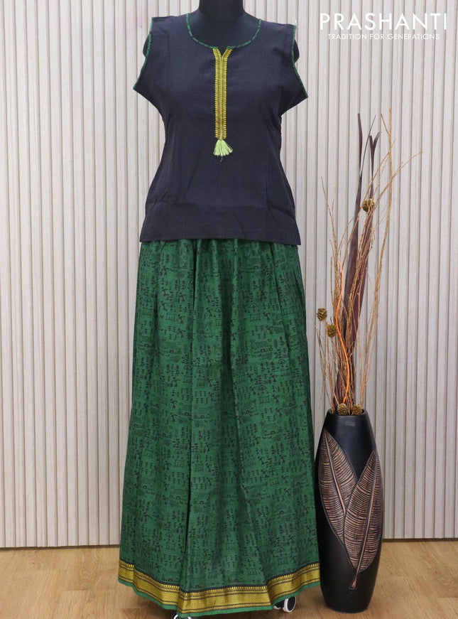 Mangalagiri cotton kids lehanga black and green with patch work neck pattern and warli prints & thread woven border for 15 years - sleeve attached - {{ collection.title }} by Prashanti Sarees