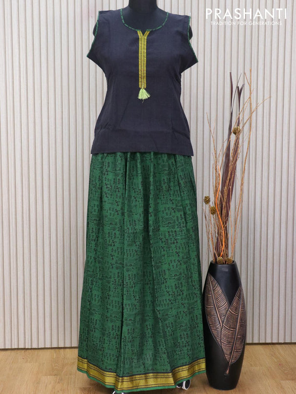 Mangalagiri cotton kids lehanga black and green with patch work neck pattern and warli prints & thread woven border for 15 years - sleeve attached - {{ collection.title }} by Prashanti Sarees