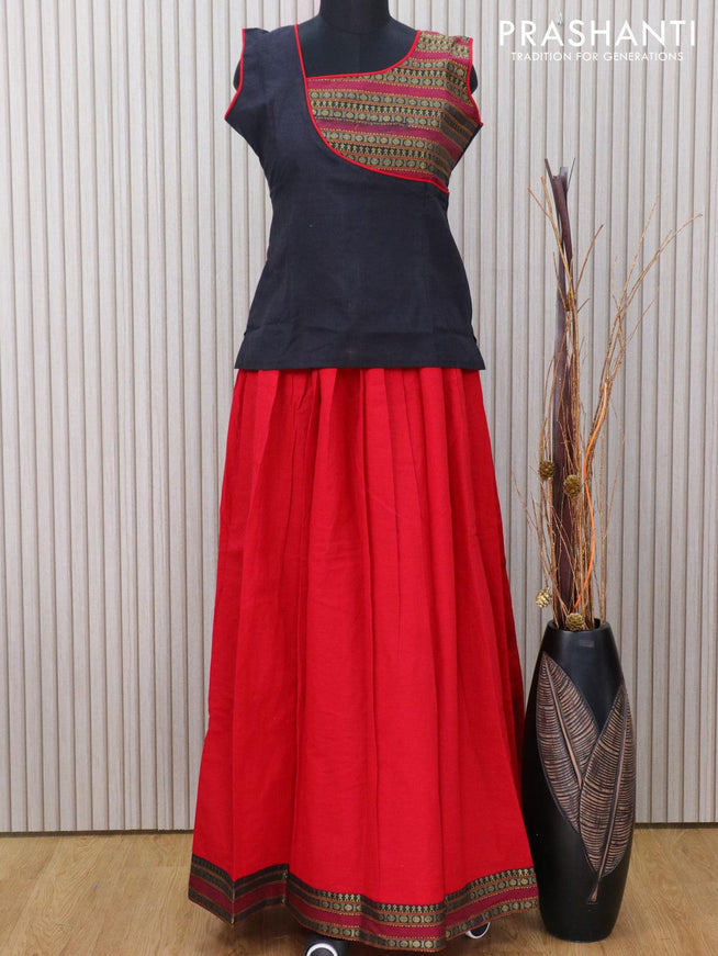 Mangalagiri cotton kids lehanga black and red with patch work neck pattern and zari woven border for 15 years - sleeve attached - {{ collection.title }} by Prashanti Sarees
