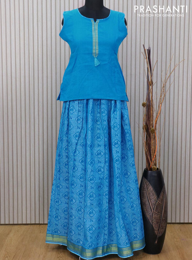 Mangalagiri cotton kids lehanga blue and light blue with patch work neck pattern and prints & thread woven border for 15 years - sleeve attached - {{ collection.title }} by Prashanti Sarees