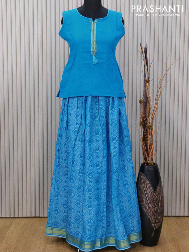 Mangalagiri cotton kids lehanga blue and light blue with patch work neck pattern and prints & thread woven border for 15 years - sleeve attached - {{ collection.title }} by Prashanti Sarees