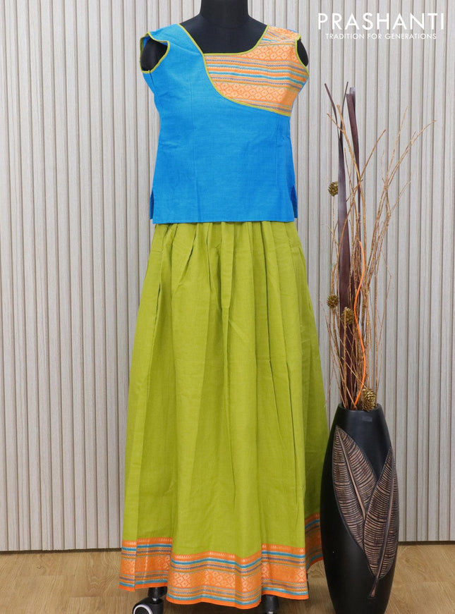 Mangalagiri cotton kids lehanga blue and light green with patch work neck pattern and thread woven border for 11 years - sleeve attached - {{ collection.title }} by Prashanti Sarees