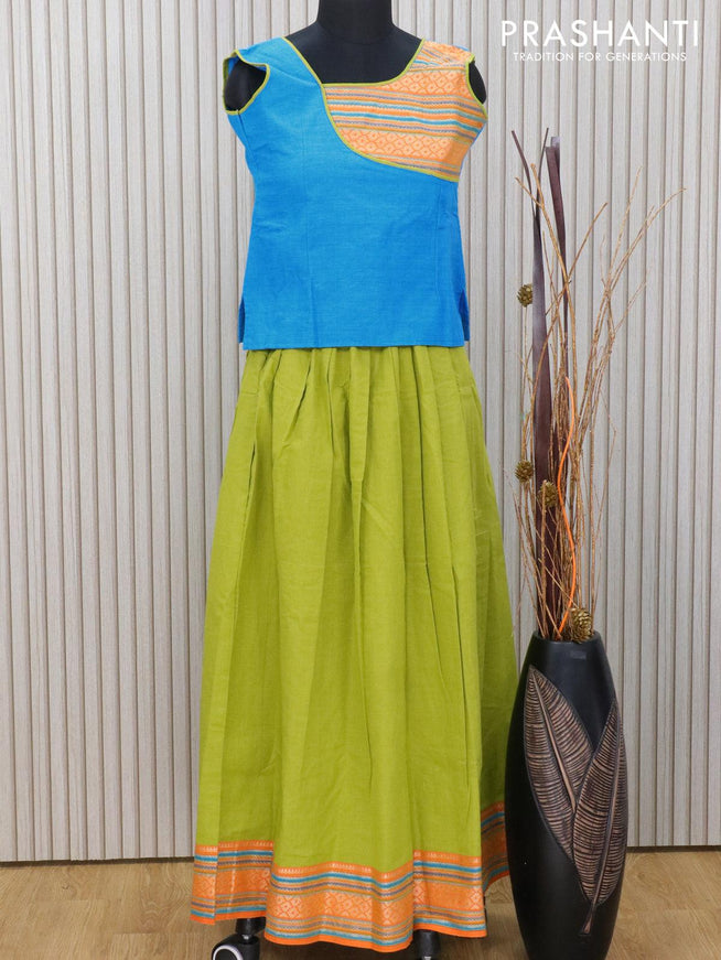 Mangalagiri cotton kids lehanga blue and light green with patch work neck pattern and thread woven border for 11 years - sleeve attached - {{ collection.title }} by Prashanti Sarees