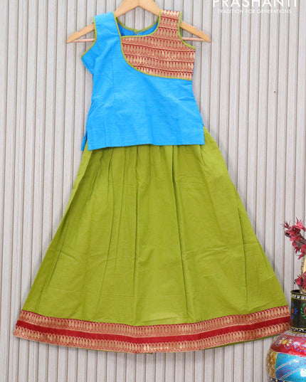 Mangalagiri cotton kids lehanga blue and light green with patch work neck pattern and zari woven border for 8 years - sleeve attached - {{ collection.title }} by Prashanti Sarees