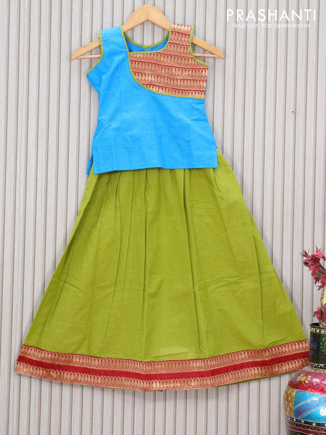 Mangalagiri cotton kids lehanga blue and light green with patch work neck pattern and zari woven border for 8 years - sleeve attached - {{ collection.title }} by Prashanti Sarees
