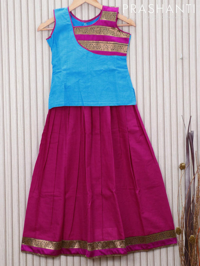 Mangalagiri cotton kids lehanga blue and pink with patch work neck pattern and floral zari woven border for 9 years - sleeve attached - {{ collection.title }} by Prashanti Sarees