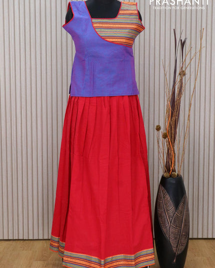 Mangalagiri cotton kids lehanga bluish pink and red with patch work neck pattern and thread woven border for 12 years - sleeve attached - {{ collection.title }} by Prashanti Sarees