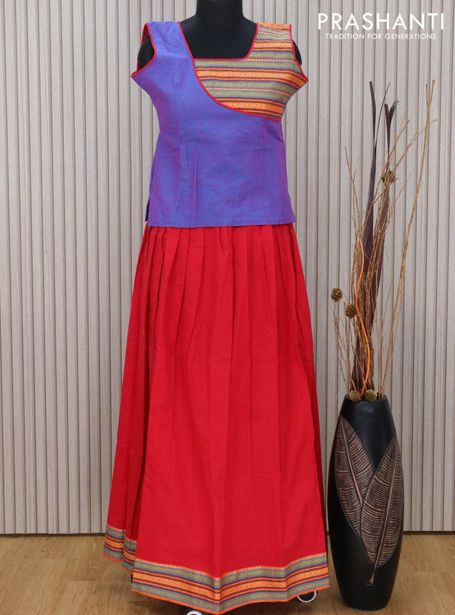 Mangalagiri cotton kids lehanga bluish pink and red with patch work neck pattern and thread woven border for 12 years - sleeve attached - {{ collection.title }} by Prashanti Sarees