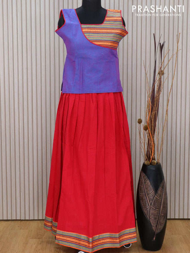 Mangalagiri cotton kids lehanga bluish pink and red with patch work neck pattern and thread woven border for 12 years - sleeve attached - {{ collection.title }} by Prashanti Sarees