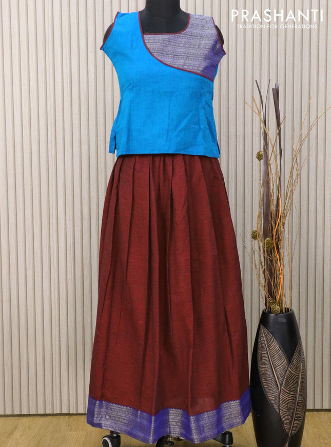 Mangalagiri cotton kids lehanga cs blue and maroon with patch work neck pattern and zari woven border for 12 years - sleeve attached - {{ collection.title }} by Prashanti Sarees