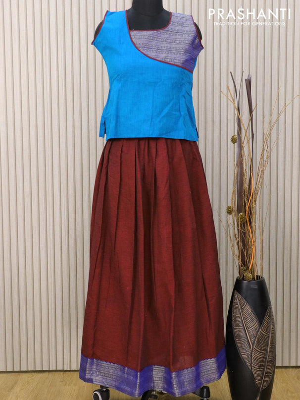 Mangalagiri cotton kids lehanga cs blue and maroon with patch work neck pattern and zari woven border for 12 years - sleeve attached - {{ collection.title }} by Prashanti Sarees