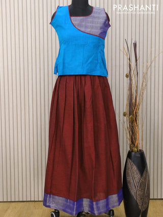 Mangalagiri cotton kids lehanga cs blue and maroon with patch work neck pattern and zari woven border for 12 years - sleeve attached