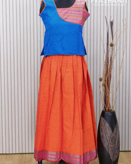 Mangalagiri cotton kids lehanga cs blue and sunset orange with patch work neck pattern and thread woven border for 11 years - sleeve attached - {{ collection.title }} by Prashanti Sarees