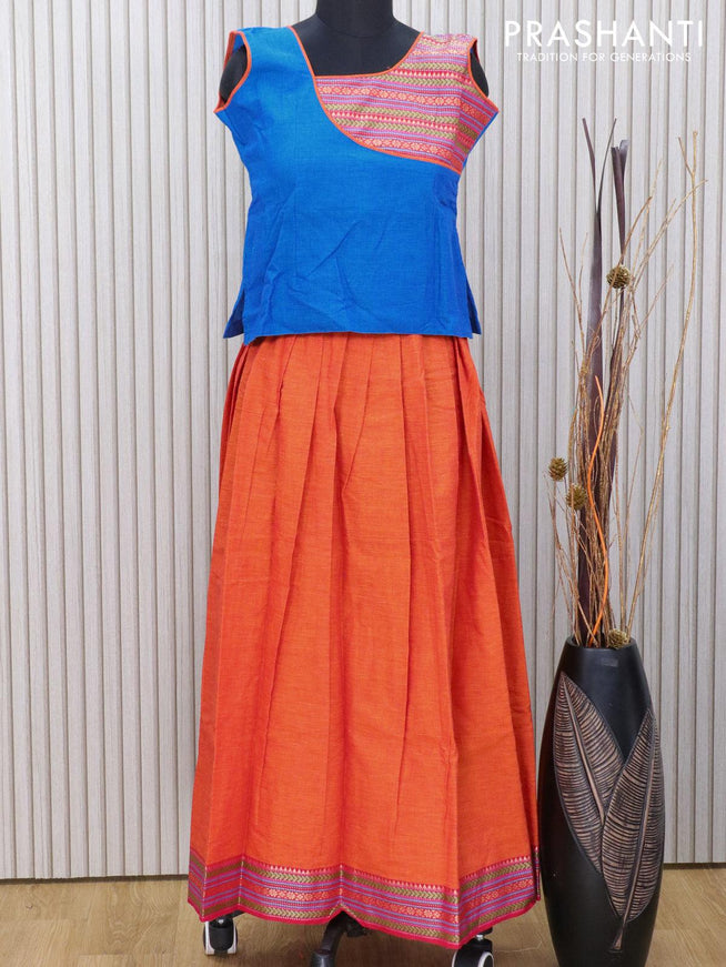 Mangalagiri cotton kids lehanga cs blue and sunset orange with patch work neck pattern and thread woven border for 11 years - sleeve attached - {{ collection.title }} by Prashanti Sarees