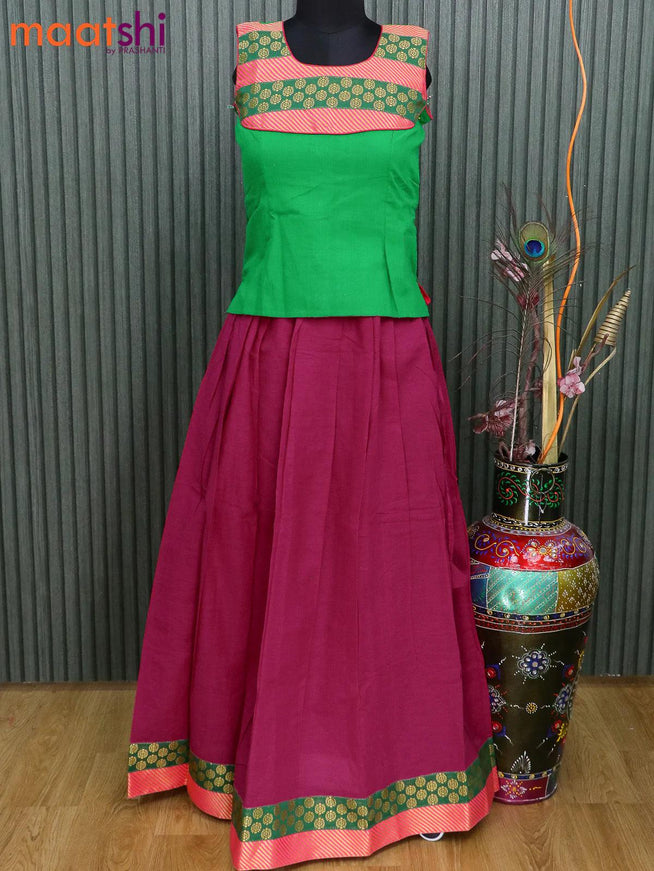 Mangalagiri cotton kids lehanga green and dark pink with patch work neck pattern and zari woven border for 12 years - sleeve attached - {{ collection.title }} by Prashanti Sarees