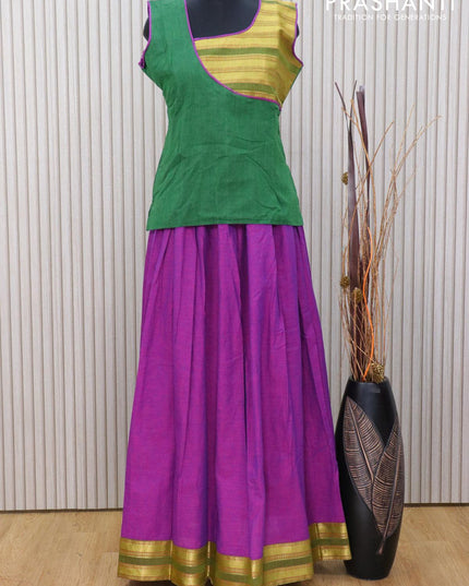 Mangalagiri cotton kids lehanga green and purple with patch work neck pattern and zari woven border for 16 years - sleeve attached - {{ collection.title }} by Prashanti Sarees