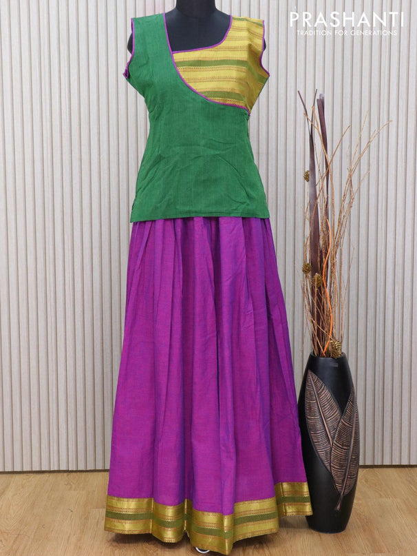 Mangalagiri cotton kids lehanga green and purple with patch work neck pattern and zari woven border for 16 years - sleeve attached - {{ collection.title }} by Prashanti Sarees