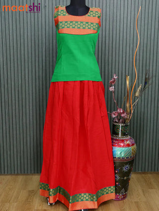 Mangalagiri cotton kids lehanga green and red with patch work neck pattern and zari woven border for 15 years - sleeve attached