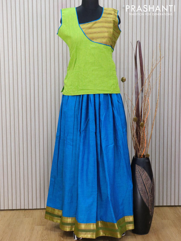 Mangalagiri cotton kids lehanga light green and cs blue with patch work neck pattern and rettapet zari woven border for 16 years - sleeve attached - {{ collection.title }} by Prashanti Sarees
