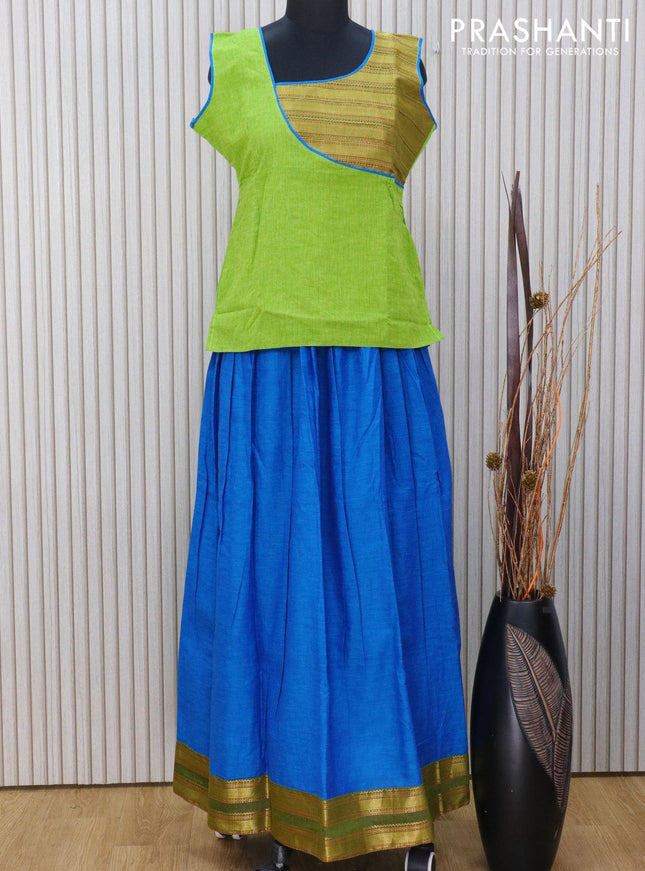 Mangalagiri cotton kids lehanga light green and cs blue with patch work neck pattern and zari woven border for 15 years - sleeve attached - {{ collection.title }} by Prashanti Sarees