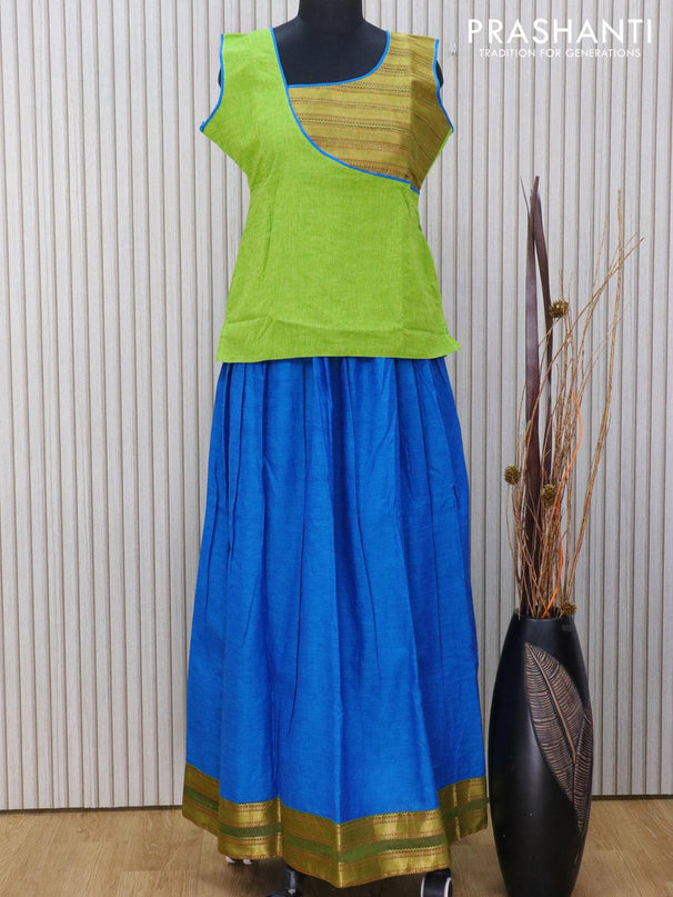 Mangalagiri cotton kids lehanga light green and cs blue with patch work neck pattern and zari woven border for 15 years - sleeve attached - {{ collection.title }} by Prashanti Sarees