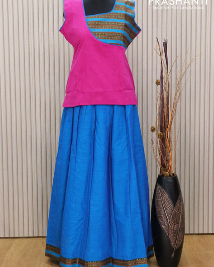 Mangalagiri cotton kids lehanga magent pink and cs blue with patch work neck pattern and rettapet zari woven border for 16 years - sleeve attached - {{ collection.title }} by Prashanti Sarees