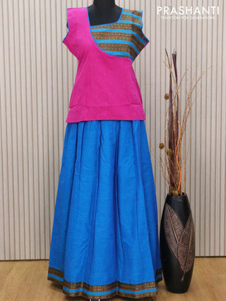 Mangalagiri cotton kids lehanga magent pink and cs blue with patch work neck pattern and rettapet zari woven border for 16 years - sleeve attached