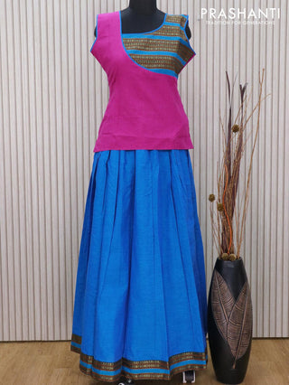 Mangalagiri cotton kids lehanga magenta and cs blue with patch work neck pattern and rettapet zari woven border for 15 years - sleeve attached