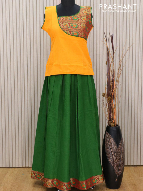 Mangalagiri cotton kids lehanga mango yellow and green with patch work neck pattern and floral zari woven border for 15 years - sleeve attached - {{ collection.title }} by Prashanti Sarees