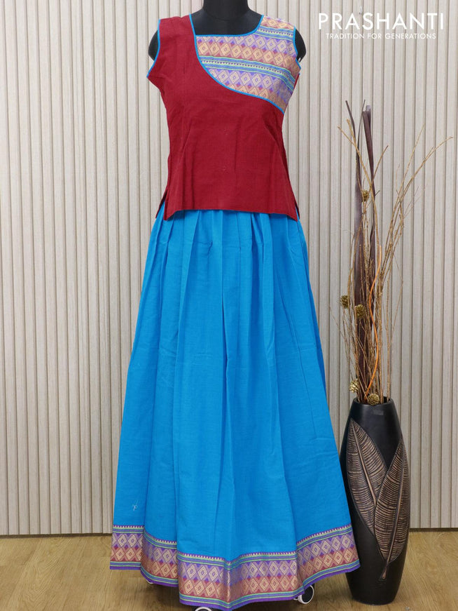 Mangalagiri cotton kids lehanga maroon and blue with patch work neck pattern and thread woven border for 13 years - sleeve attached - {{ collection.title }} by Prashanti Sarees