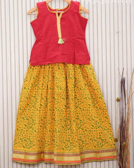 Mangalagiri cotton kids lehanga maroon and mango yellow with patch work neck pattern and warli prints & thread woven border for 10 years - sleeve attached - {{ collection.title }} by Prashanti Sarees