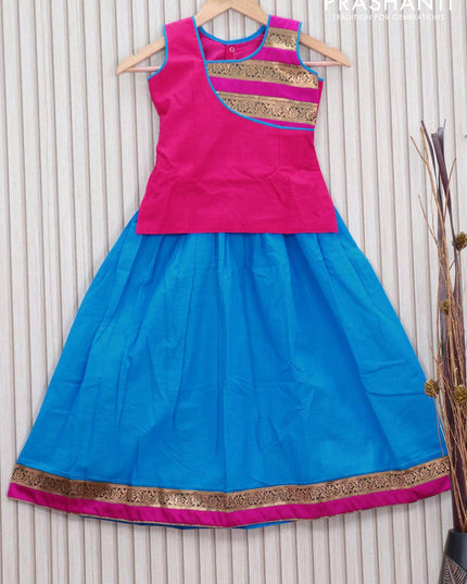 Mangalagiri cotton kids lehanga pink and cs blue with patch work neck pattern and floral zari woven border for 6 years - sleeve attached - {{ collection.title }} by Prashanti Sarees