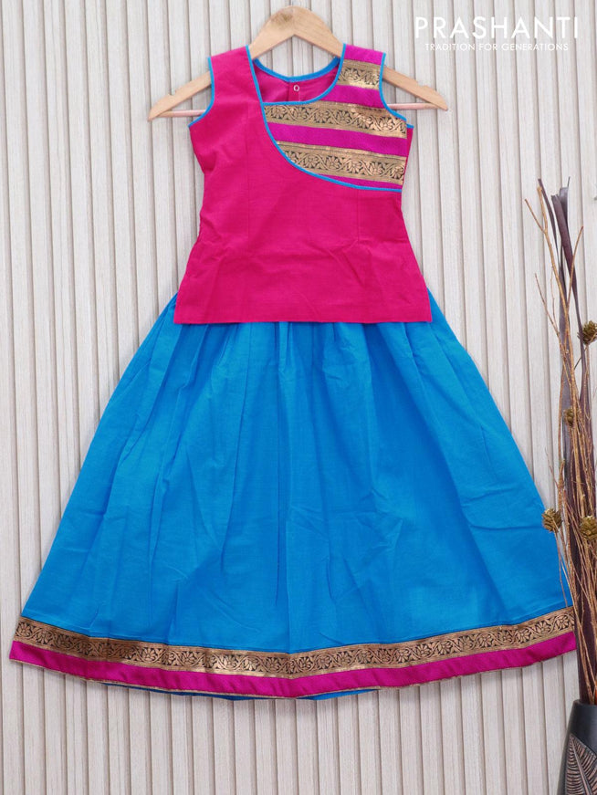 Mangalagiri cotton kids lehanga pink and cs blue with patch work neck pattern and floral zari woven border for 6 years - sleeve attached - {{ collection.title }} by Prashanti Sarees