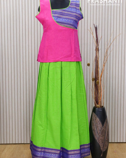 Mangalagiri cotton kids lehanga pink and green with patch work neck pattern and thread woven border for 15 years - sleeve attached - {{ collection.title }} by Prashanti Sarees