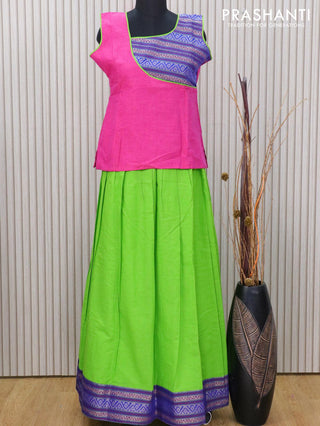 Mangalagiri cotton kids lehanga pink and green with patch work neck pattern and thread woven border for 15 years - sleeve attached