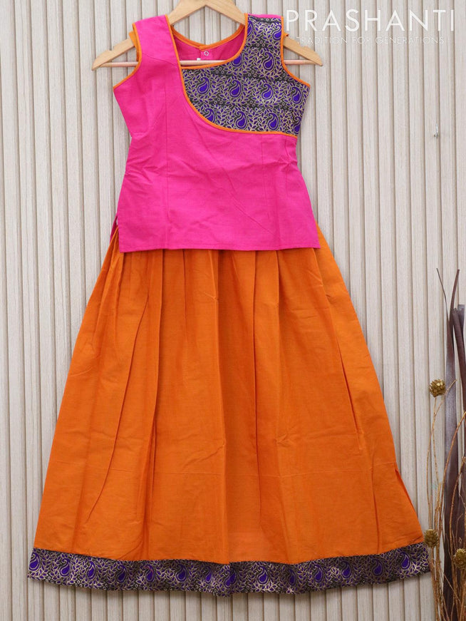 Mangalagiri cotton kids lehanga pinkish yellow and mustard yellow with patch work neck pattern and paisley zari woven border for 9 years - sleeve attached - {{ collection.title }} by Prashanti Sarees
