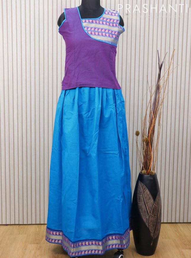 Mangalagiri cotton kids lehanga purple and cs blue with patch work neck pattern and thread woven border for 12 years - sleeve attached - {{ collection.title }} by Prashanti Sarees