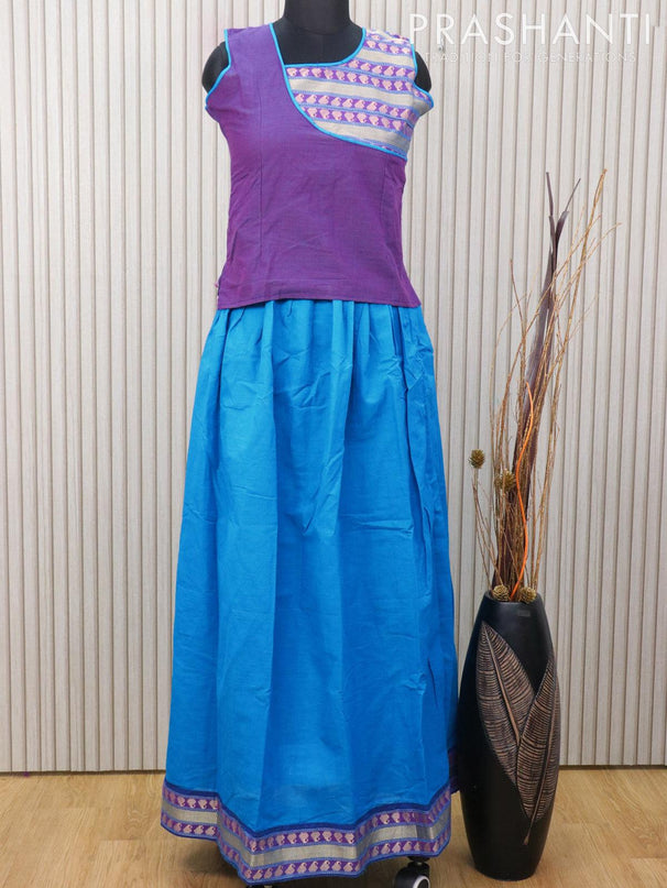 Mangalagiri cotton kids lehanga purple and cs blue with patch work neck pattern and thread woven border for 12 years - sleeve attached - {{ collection.title }} by Prashanti Sarees